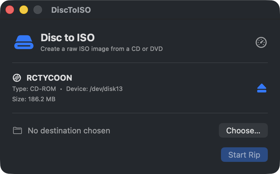 The DiscToISO window with a CD-ROM named RCTYCOON detected, showing its type, device, and size, with a destination chosen and a Start Rip button.