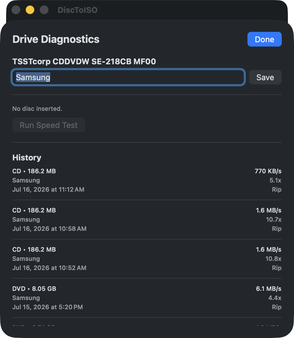 The Drive Diagnostics panel listing past rips with their speeds and a nickname field for the attached drive.