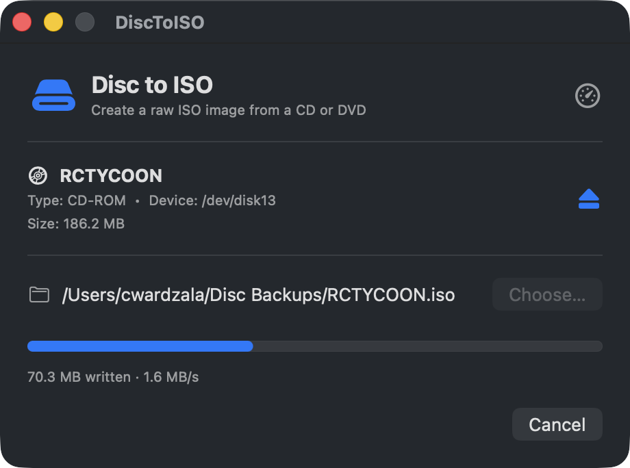 A rip in progress: a blue progress bar about a third full, reading 70.3 MB written at 1.6 MB/s.