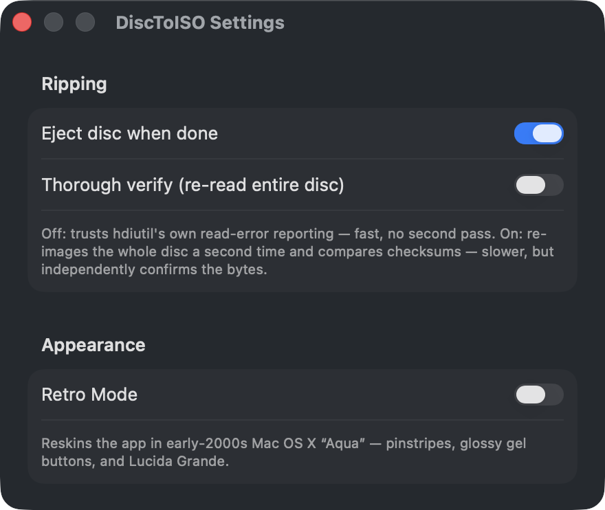 The DiscToISO settings window with toggles for ejecting the disc when done, thorough verify, and Retro Mode.