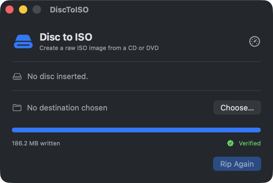 A finished rip: full progress bar, 186.2 MB written, and a green Verified badge.